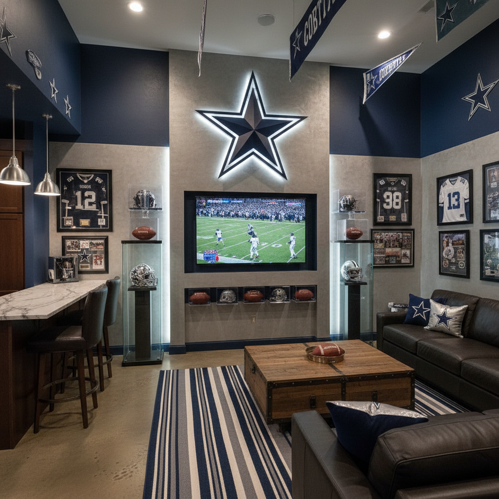 Dallas Cowboys man cave with navy and silver memorabilia, helmet display and pennants