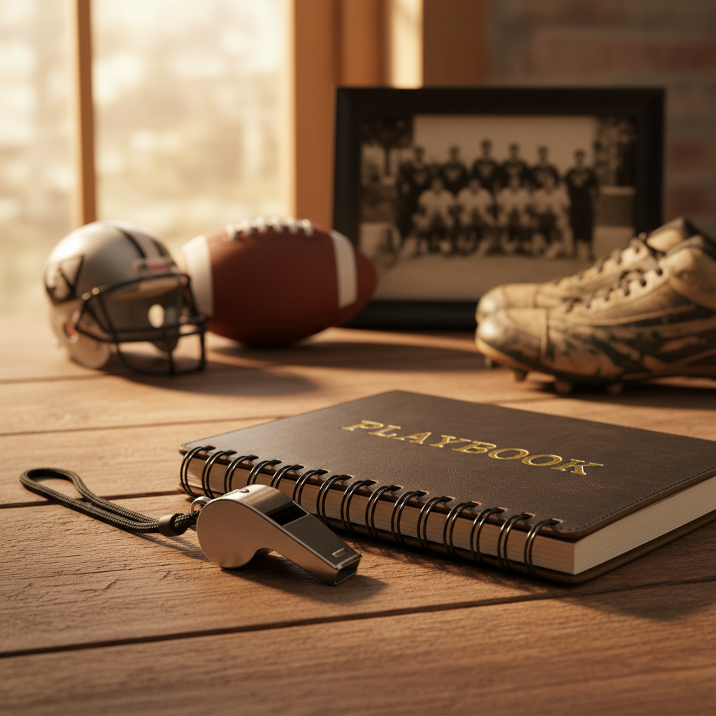 Coach's whistle, lanyard, and playbook notebook on desk with football memorabilia
