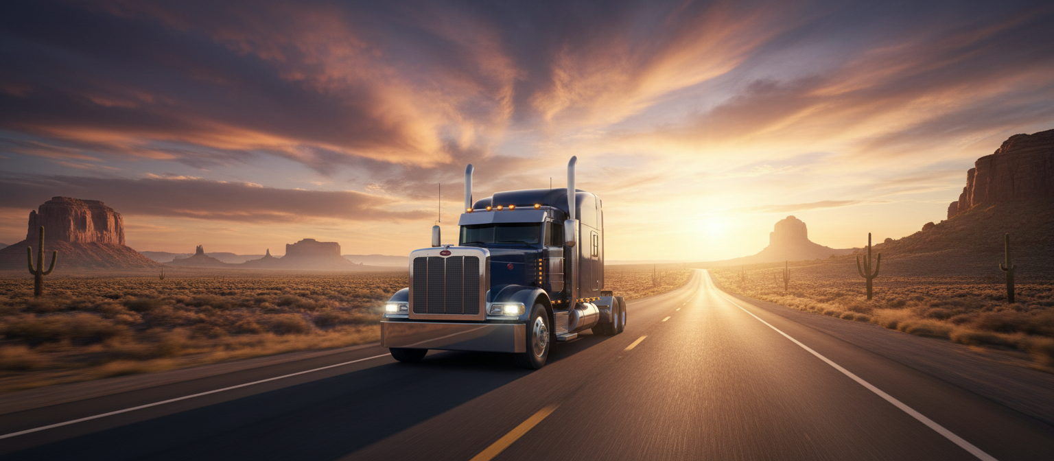 Semi truck on open highway at sunset