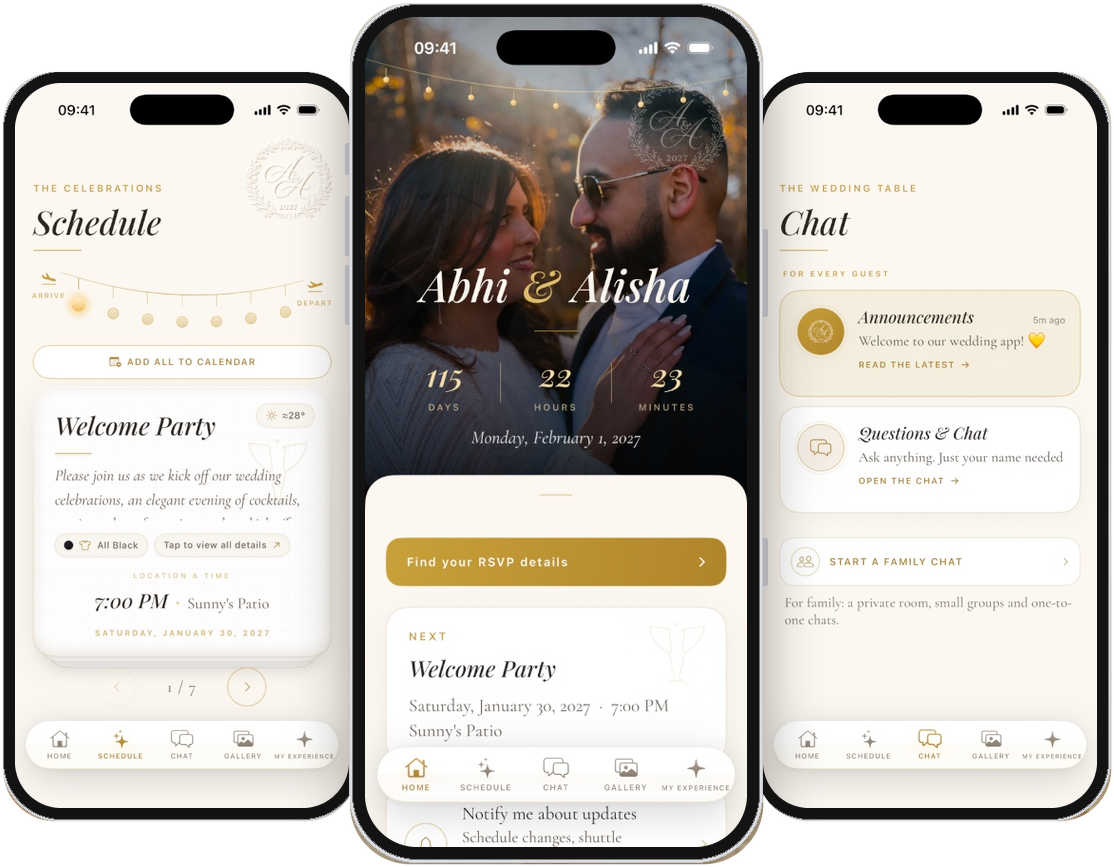 The Abhi & Alisha app on three iPhones