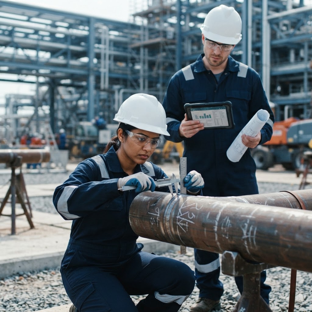 Quality control engineers in white helmets inspecting a welded pipe joint