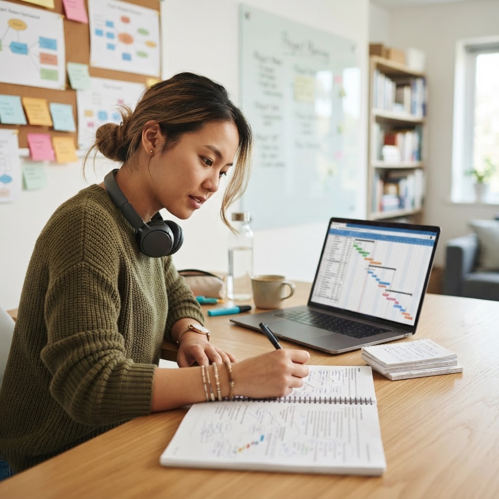 Student studying for the PMP certification exam with project schedules
