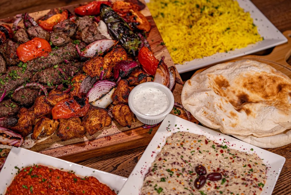 Roz Grill mixed kebab platter with rice and hummus