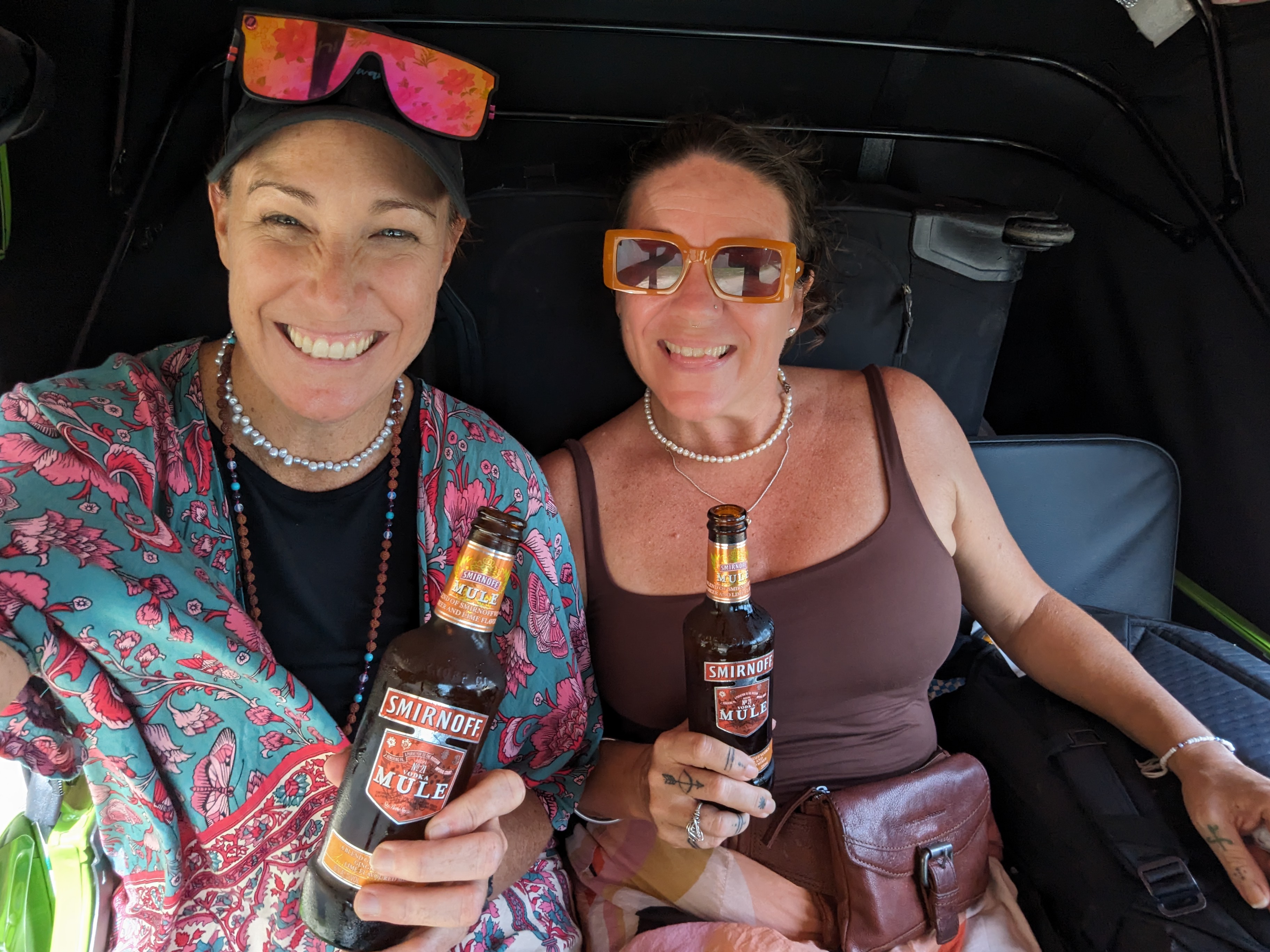 Jodi Salmond and Narelle Walsh travelling together in the back of a tuk tuk in the Philippines