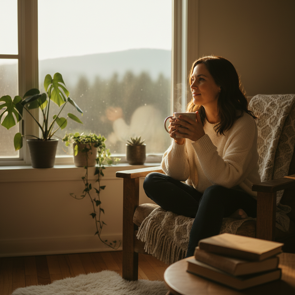 A woman sitting quietly by a window with a warm mug