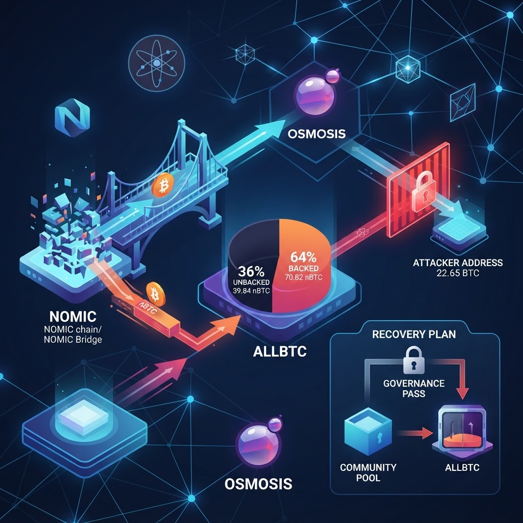 Nomicのフォワーディング欠陥でnBTCが二重支払いされ、Osmosis allBTCの裏付けの約36%が無裏付けに