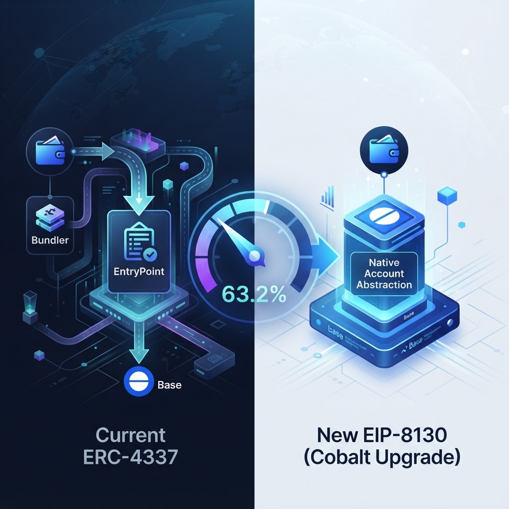 Base、Cobalt で EIP-8130 のネイティブAAを投入予定——バンドラもEntryPointも使わず、ERC-4337比でUSDC送金ガスを63.2%削減