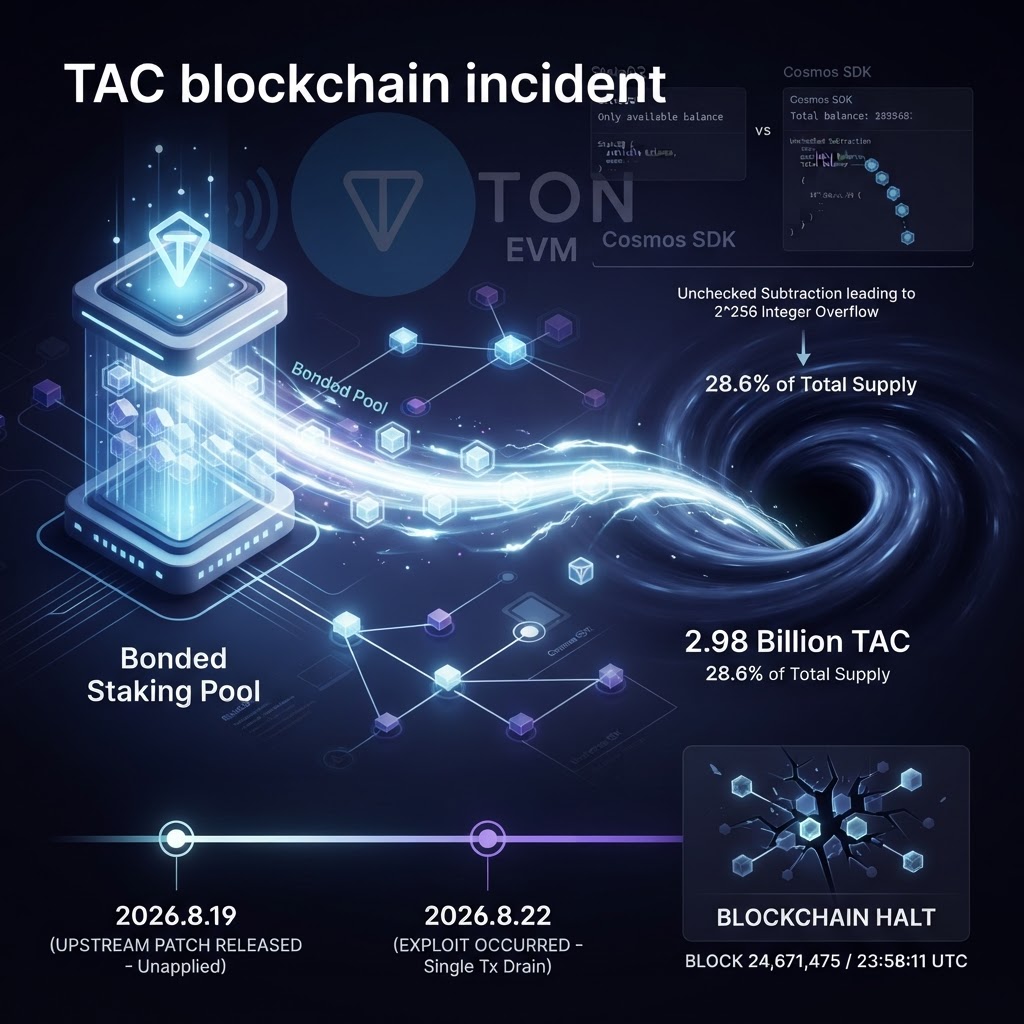 TAC、ボンド済みステーキングプールが1トランザクションで空に——供給の28.6%が流出し12日超の停止、上流パッチは3日前に配布済みだった