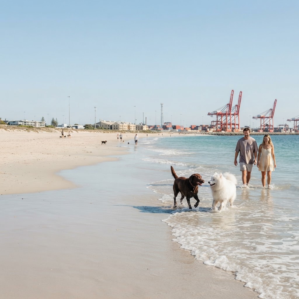 Dogs and owners at Leighton Dog Beach, Perth