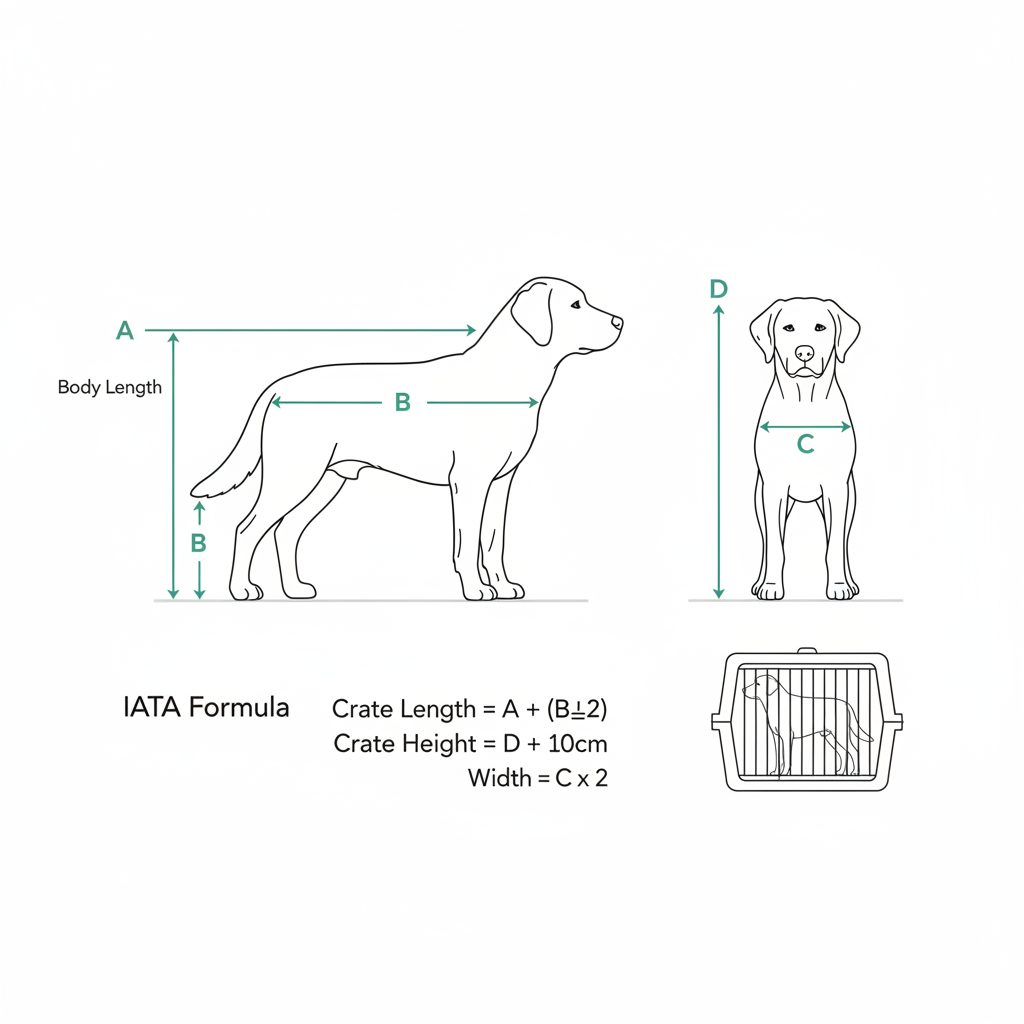 IATA dog crate measurement diagram showing A, B, C, D measurement points