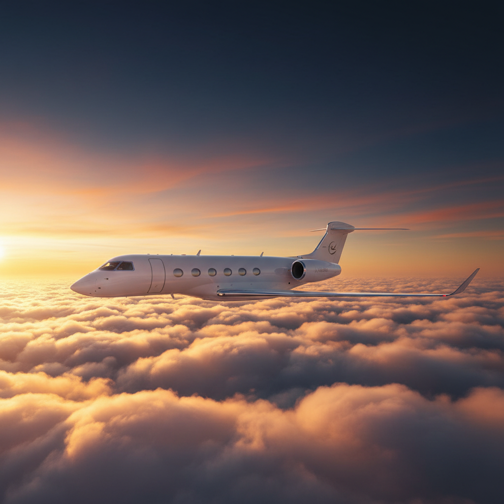 Private jet above clouds at golden hour