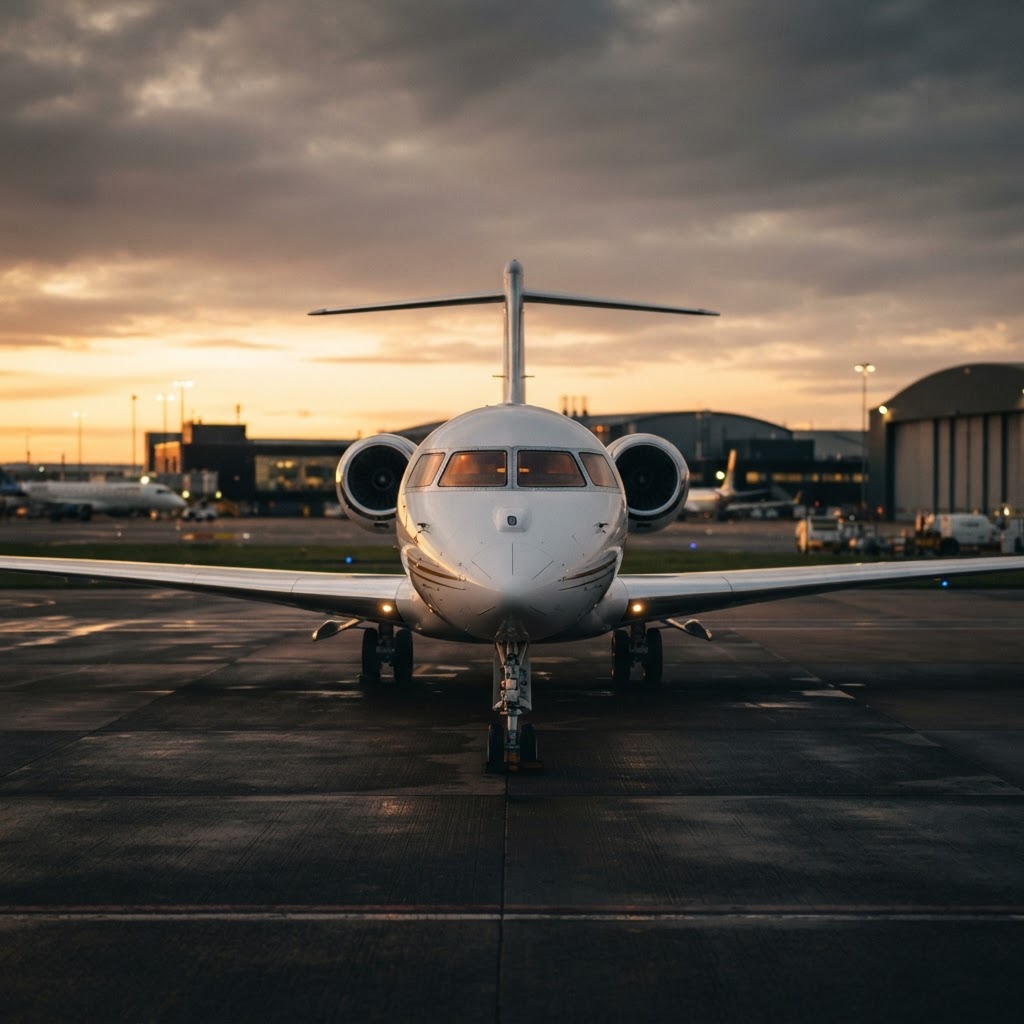 Private jet cockpit at twilight