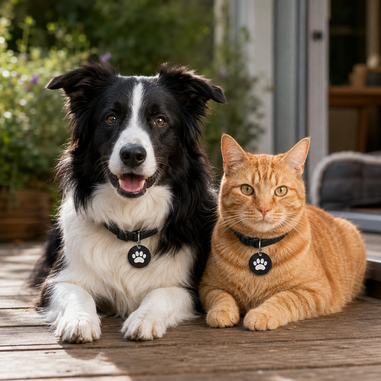 Border collie and ginger cat wearing EZTAP pet tags outdoors