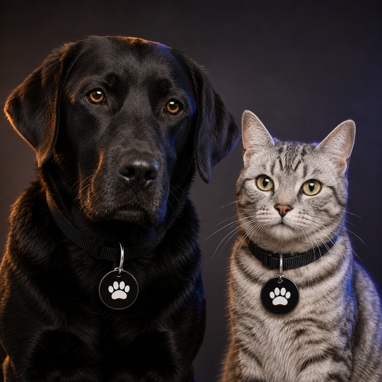 Black dog and silver tabby wearing EZTAP pet tags