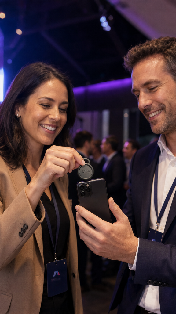 Two professionals swapping details by tapping an EZTap CTag to a phone