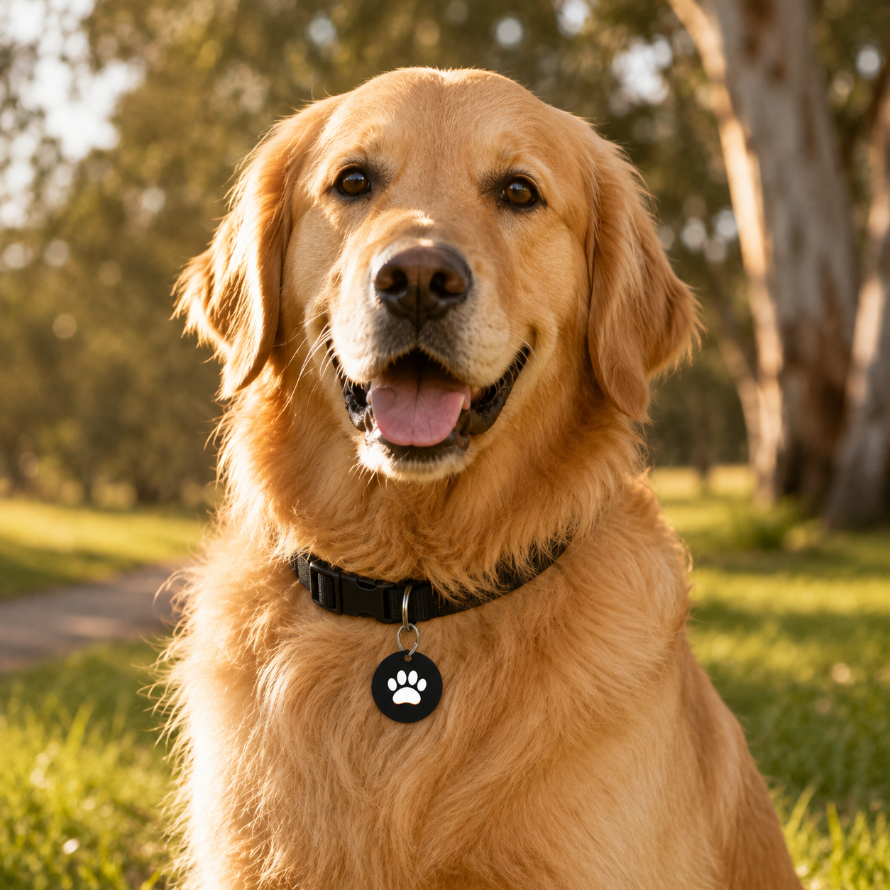 Golden retriever wearing an EZTAP pet tag