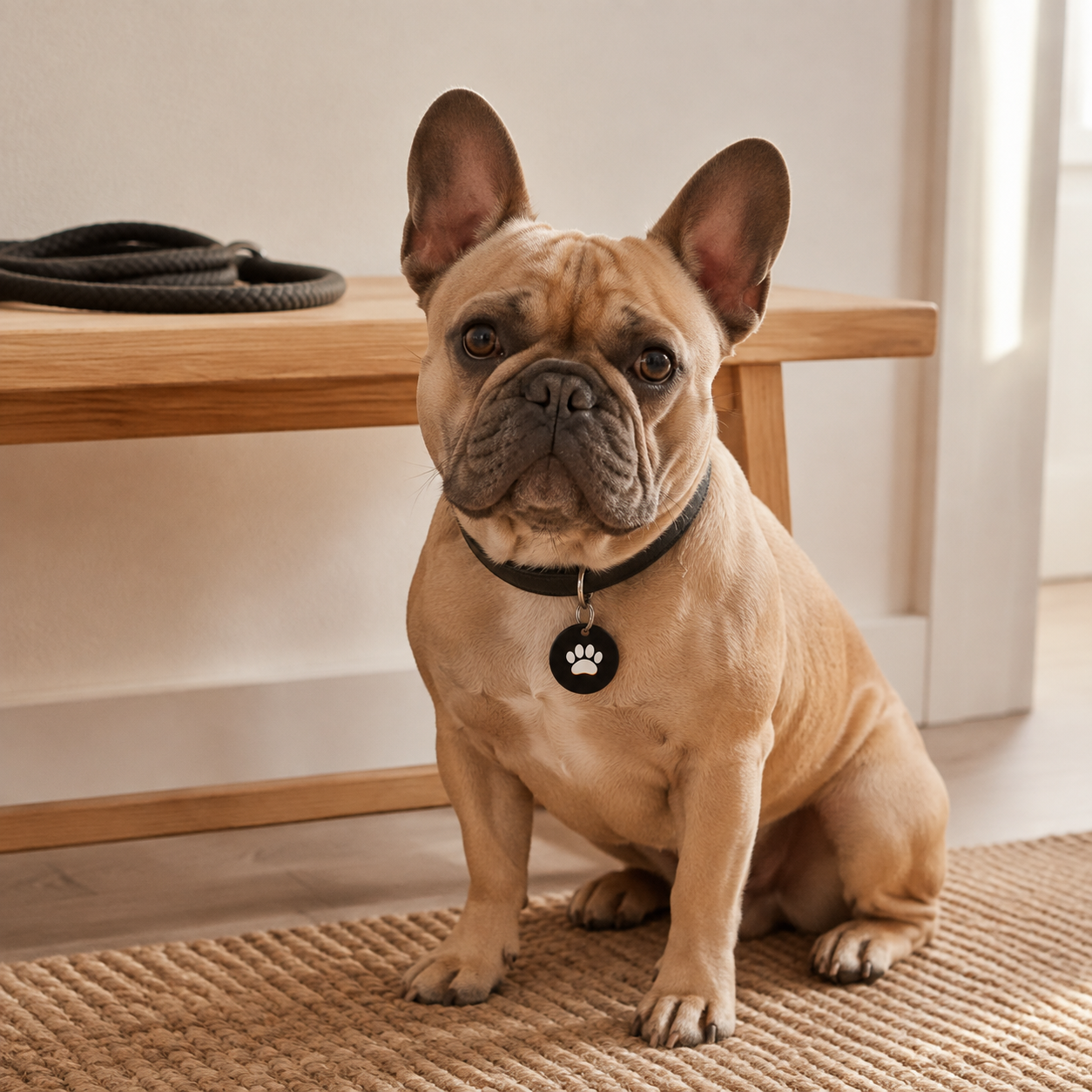 French bulldog wearing an EZTAP pet tag
