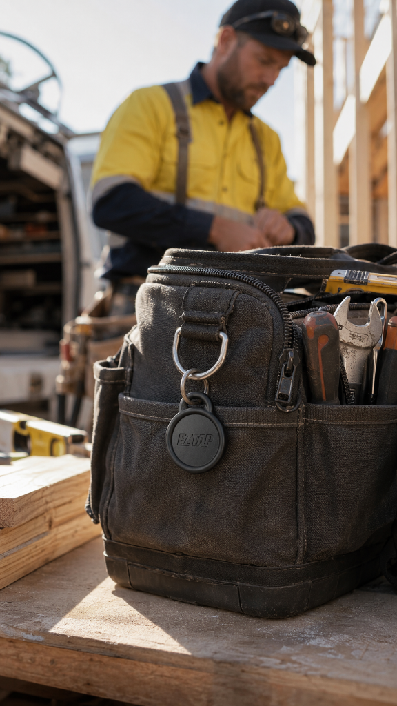 EZTap CTag clipped to a tradie's tool bag on site