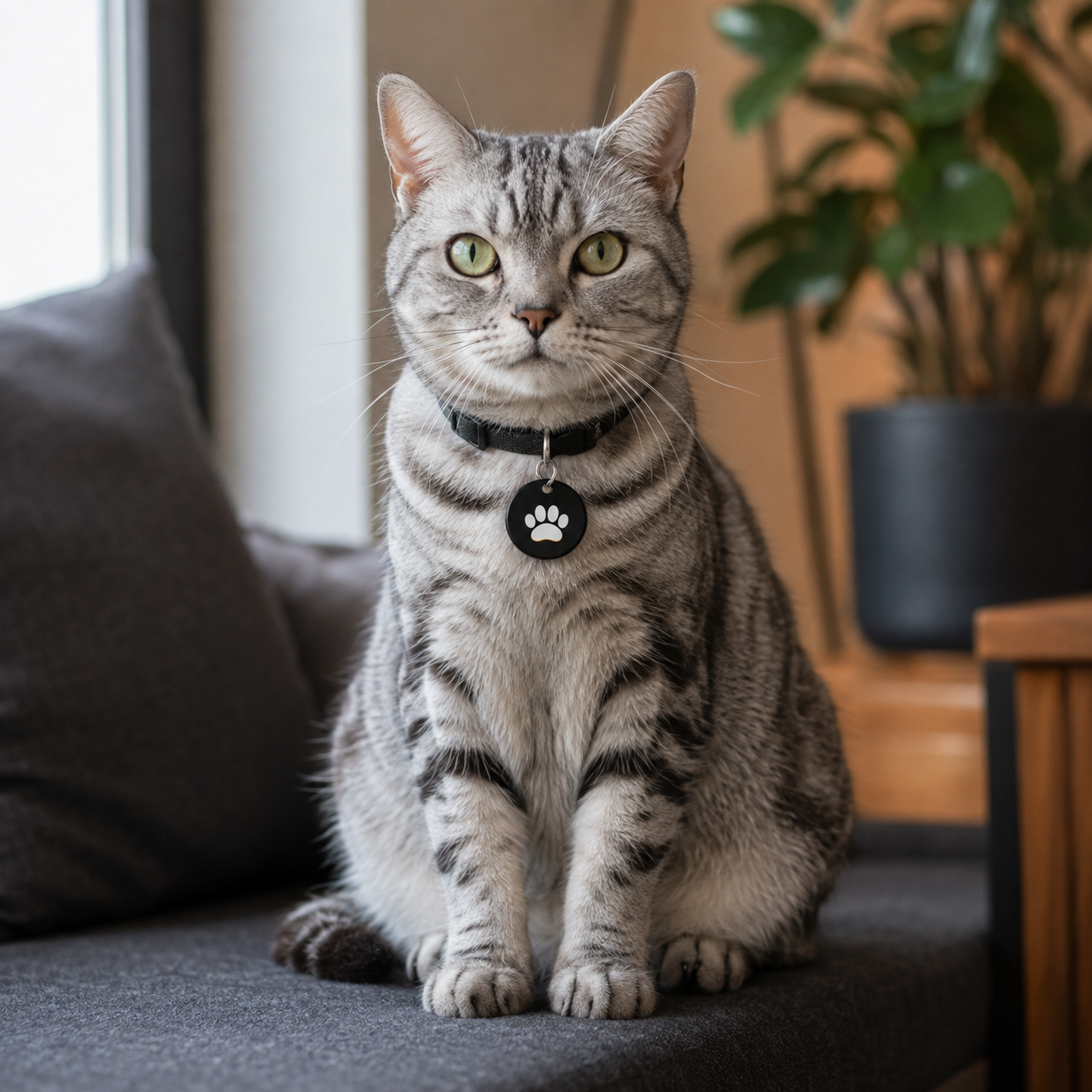 Silver tabby wearing an EZTAP pet tag