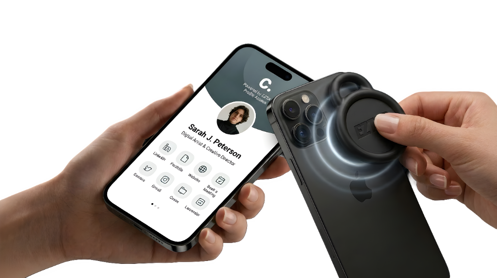Tapping an EZTap CTag to a phone to open a profile