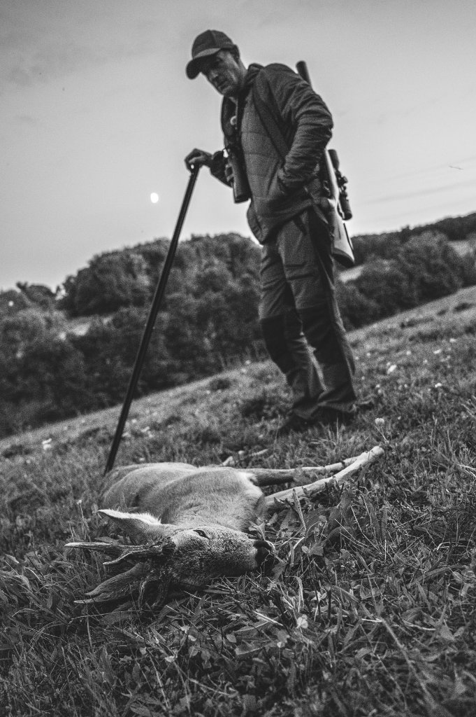 Paul Childerley stalking fieldcraft in British countryside woodland — winter deer management