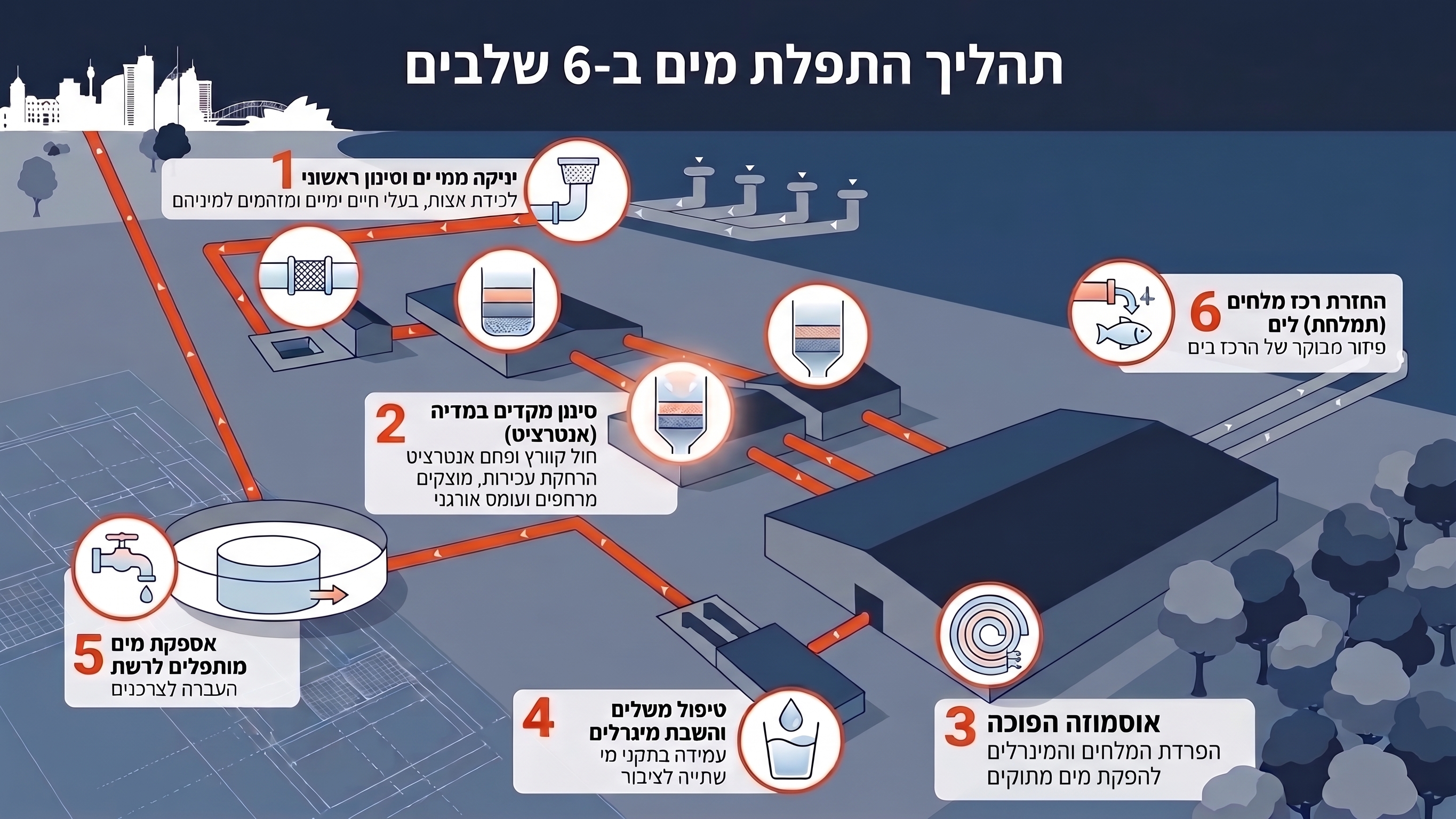 תהליך התפלת מים ב-6 שלבים - תרשים תהליך גרפי