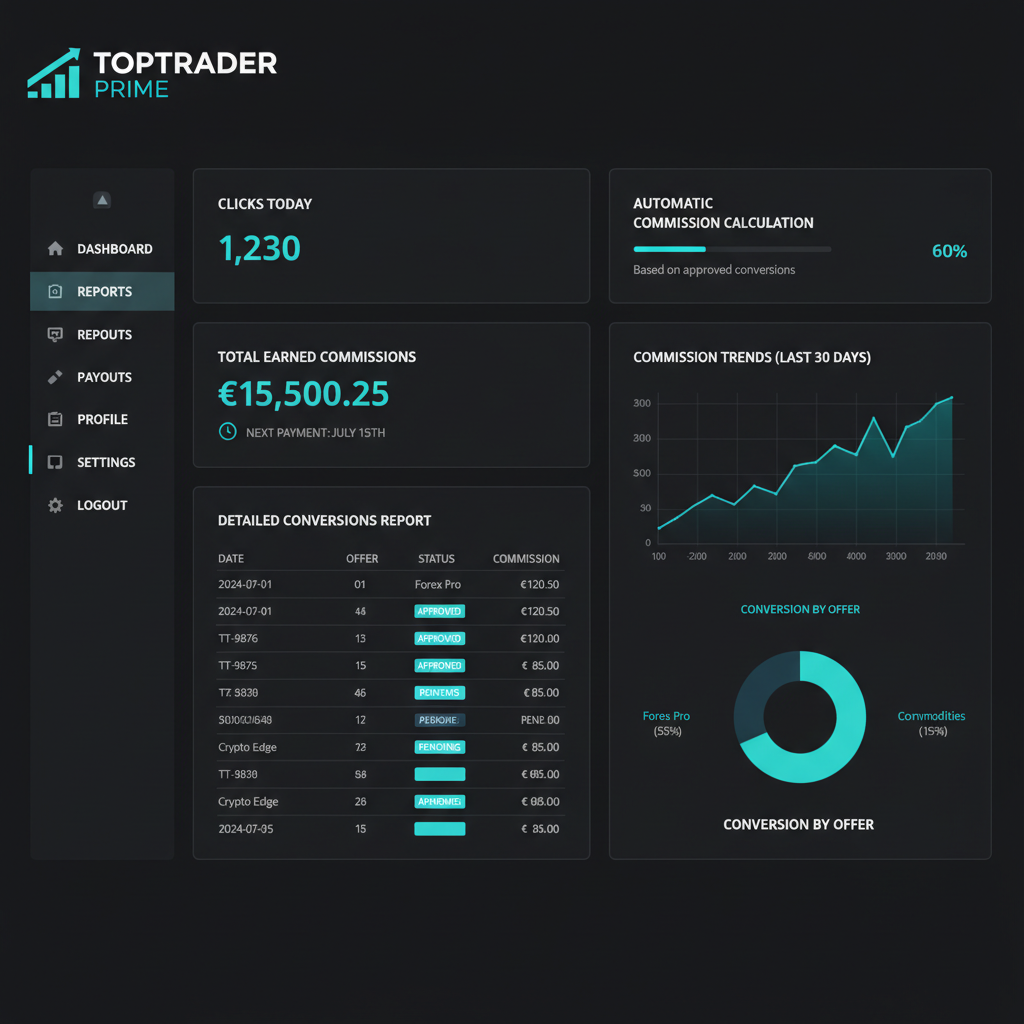 Dashboard affilié TopTraderPrime - Suivi temps réel des clics, conversions et commissions d'affiliation
