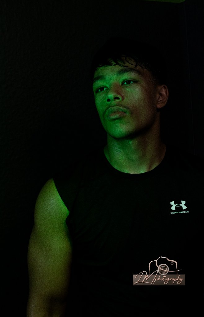 Boxer portrait from chest up with green accent light on dark background