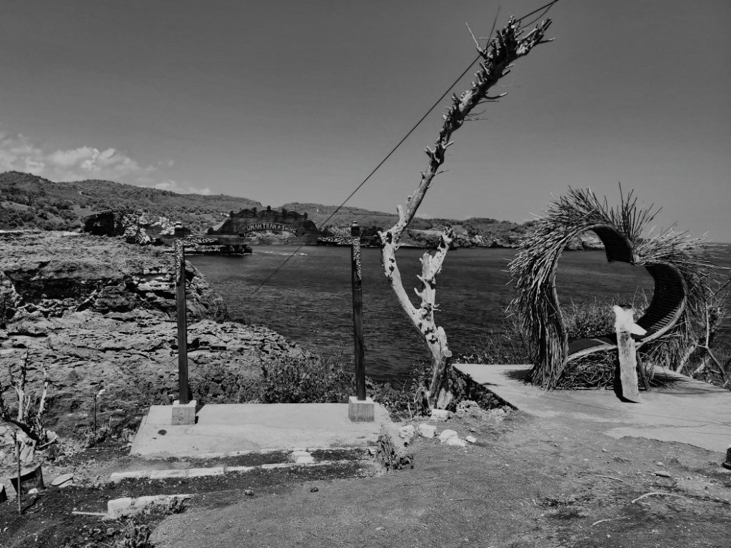 Black and white landscape of abandoned waterfront ruins with dead tree and distant water
