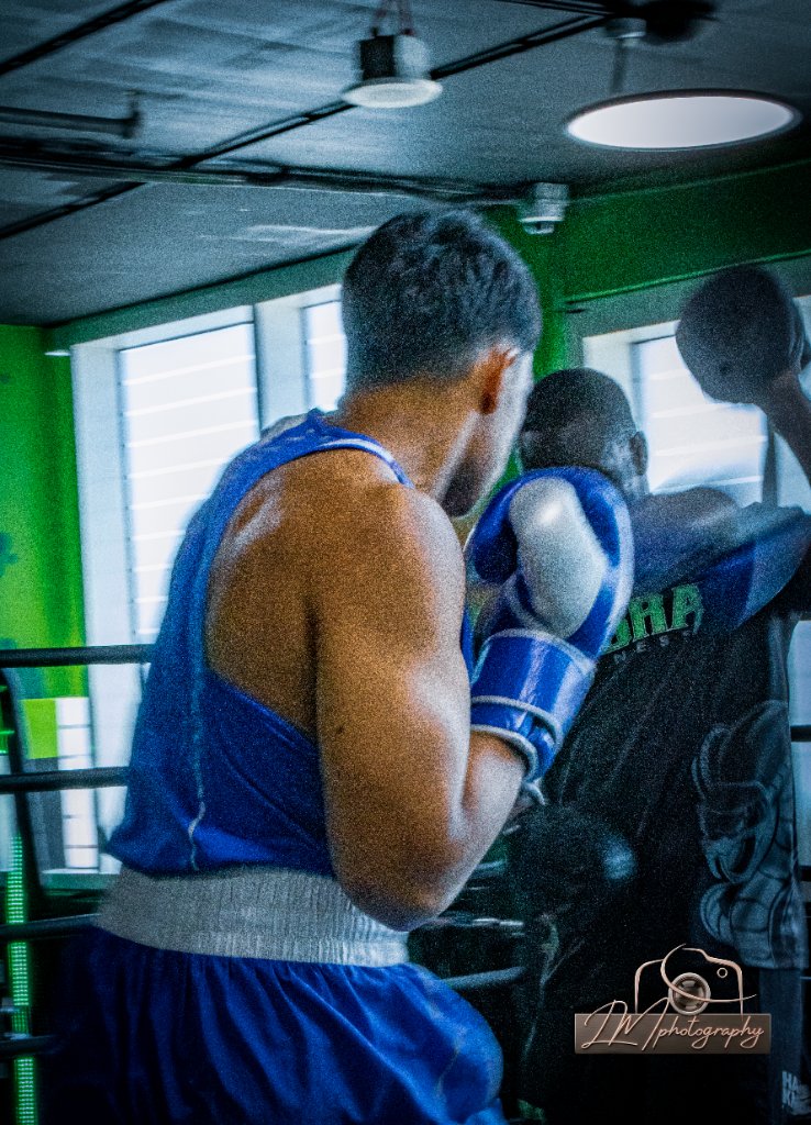 Boxer in blue gear in the ring with mirror reflection and green lighting