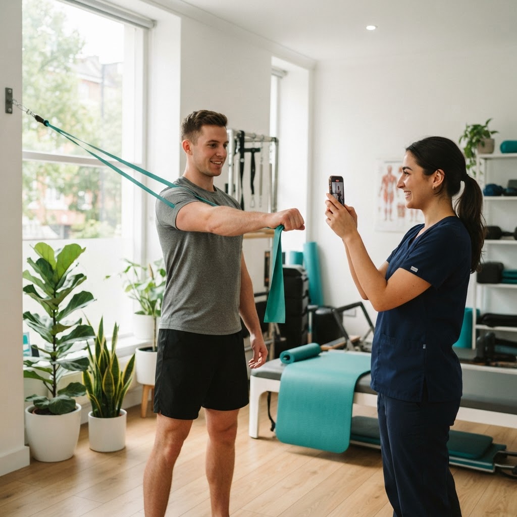 Therapeutin filmt mit dem Handy einen Patienten bei einer Übung mit dem Theraband