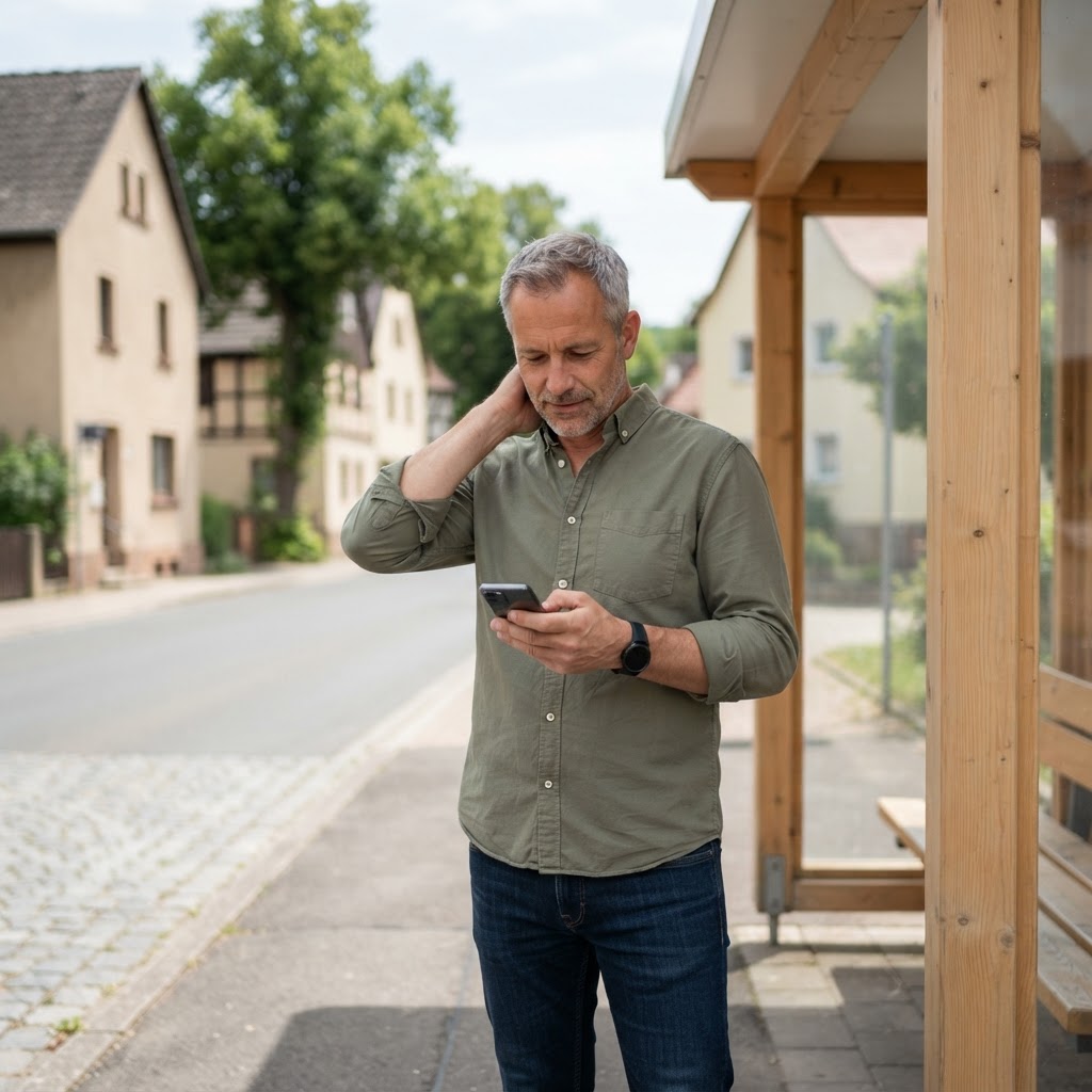 Mann sucht an einer Haltestelle auf dem Handy