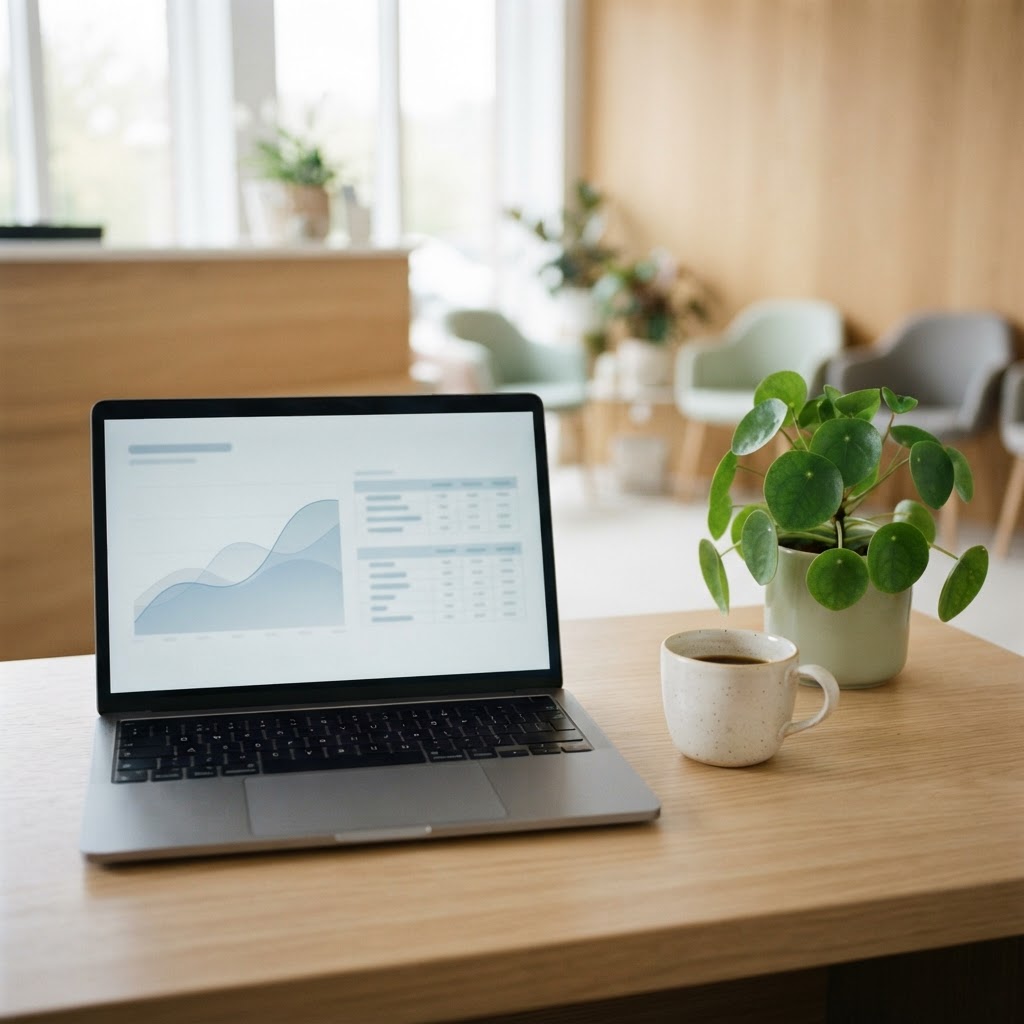 Laptop mit Verlaufskurve am Praxisempfang