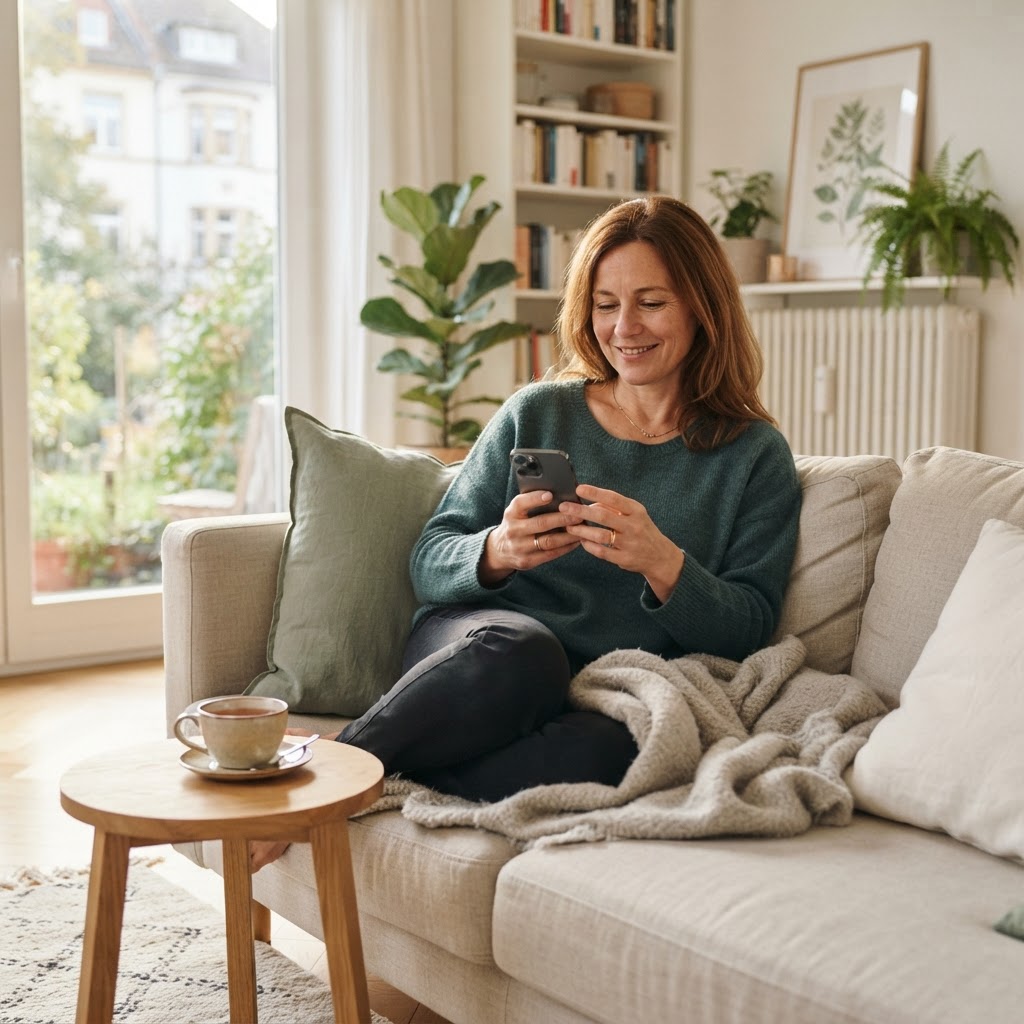 Frau scrollt entspannt auf dem Sofa durch ihr Handy