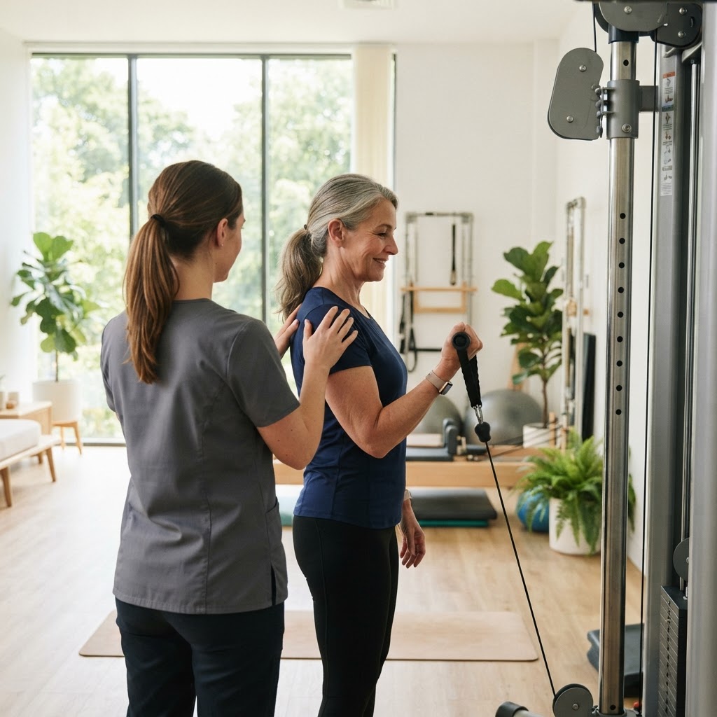 Therapeutin begleitet eine Patientin beim Training