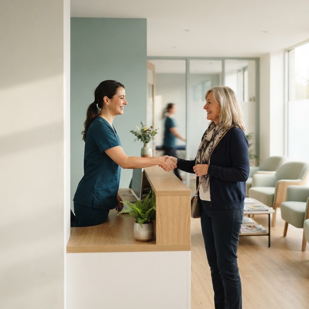 Symbolbild: Therapeutin begrüßt eine neue Patientin am Empfang einer hellen Praxis