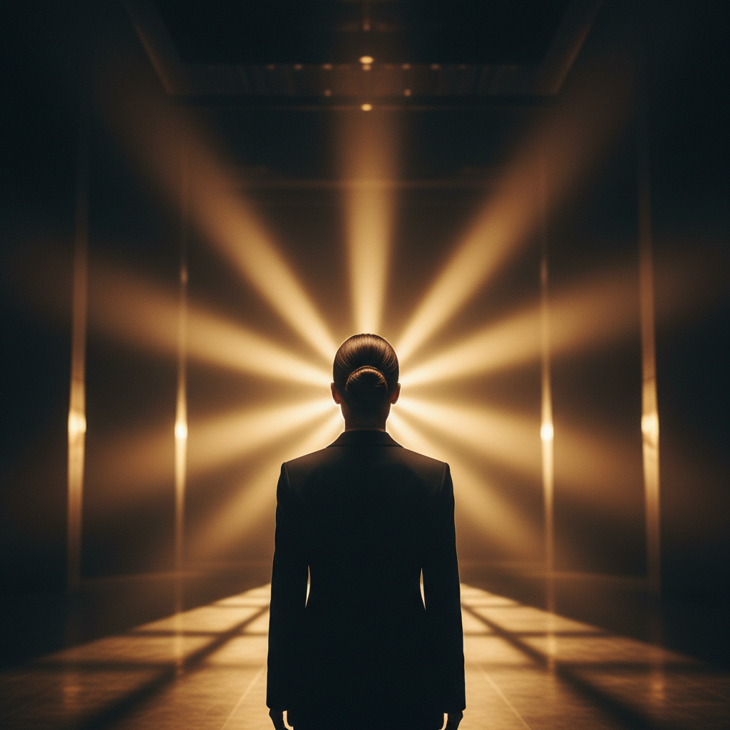 Person walking toward golden light