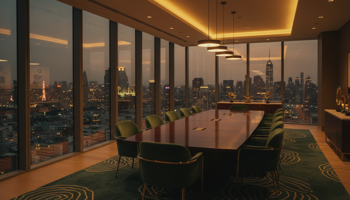 An elegant boardroom at dusk overlooking a city skyline