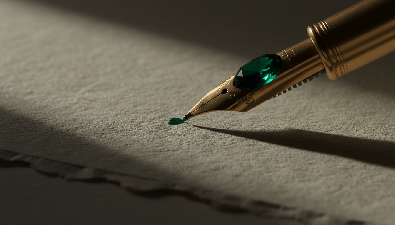 Dramatic close-up of a fountain pen on premium paper