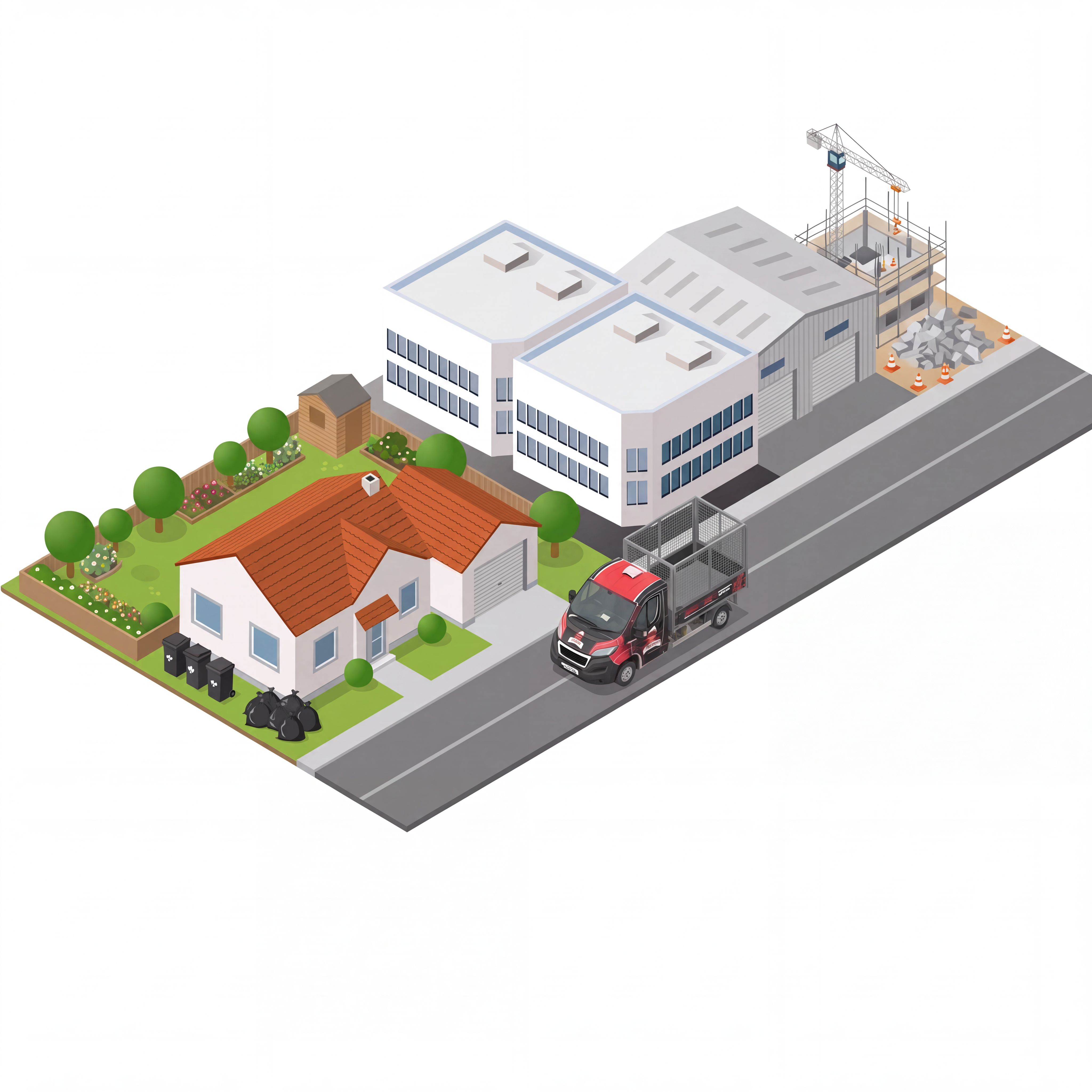 Illustrated town with the Jurassic Waste van