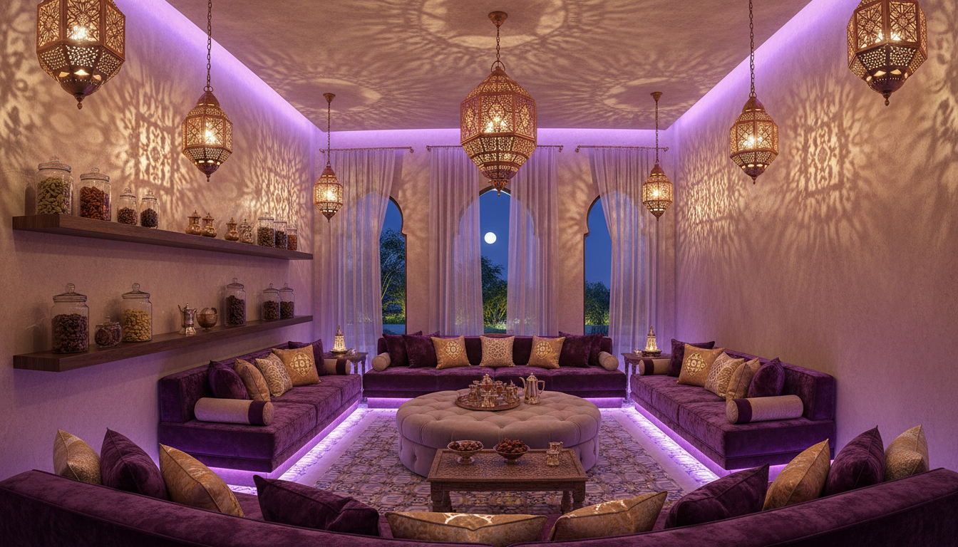 Arabian's lounge with copper lanterns and purple lighting