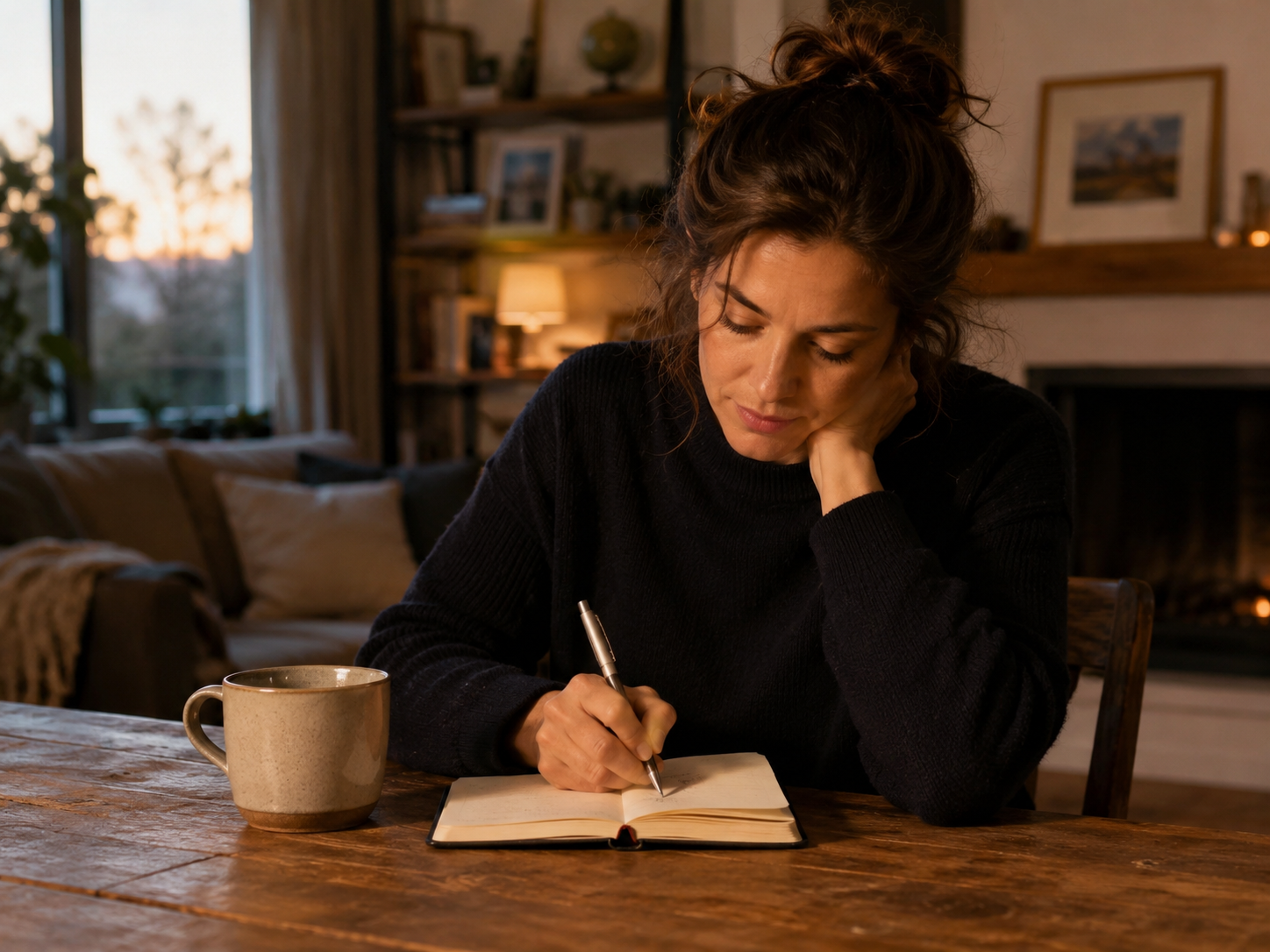 A woman writing in a journal at a dimly lit table