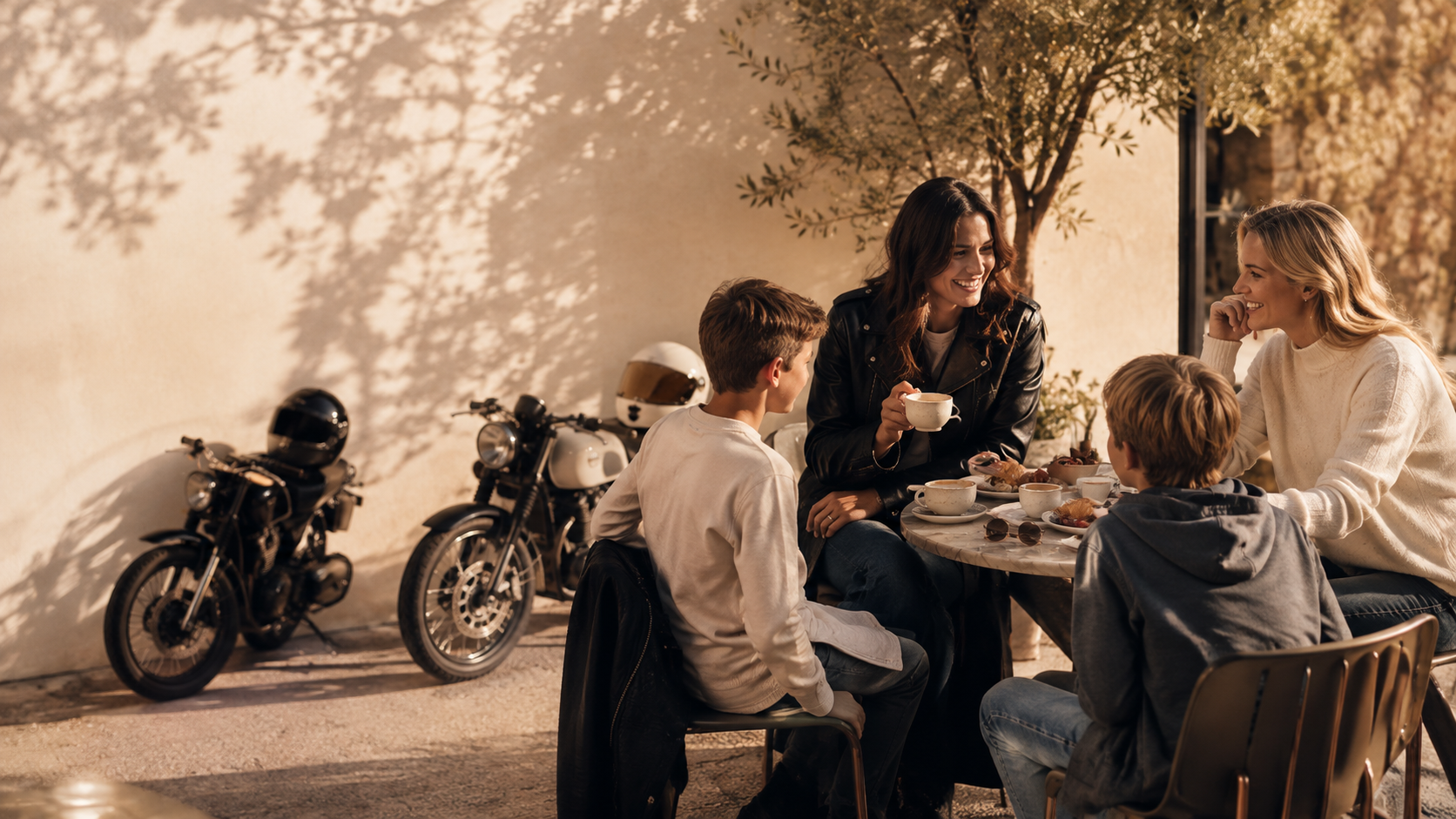 Two mums, two sons, and two motorbikes gathered at a café terrace in warm afternoon light