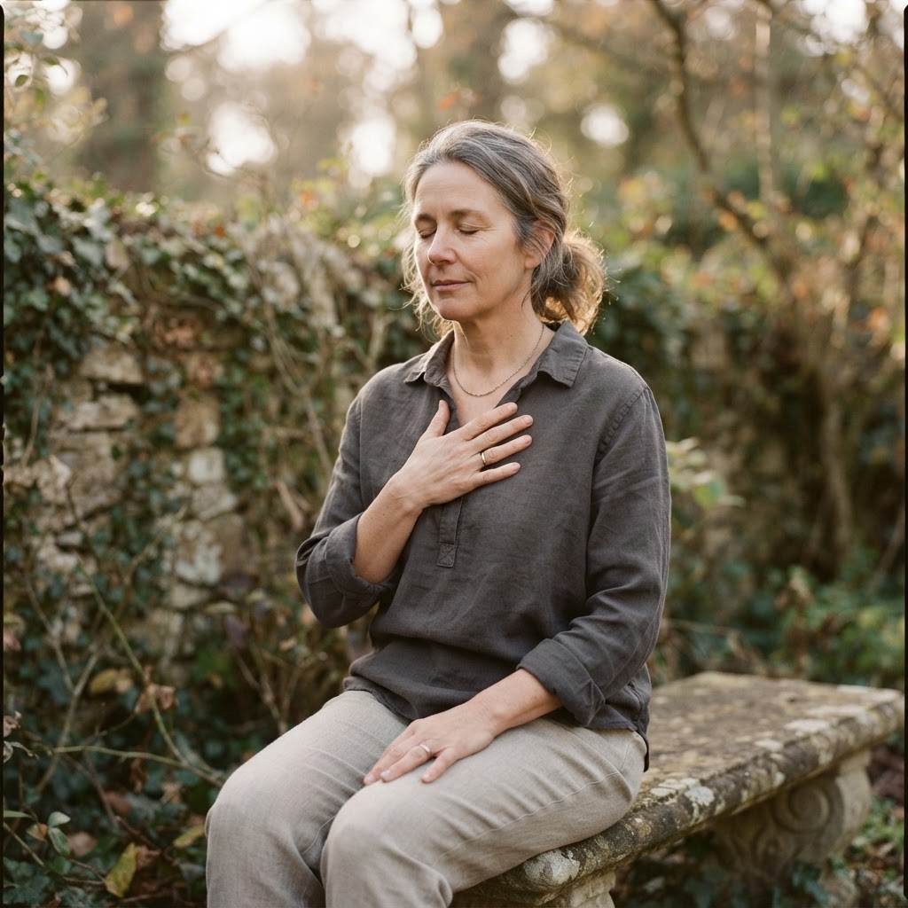 A woman seated in stillness, one hand resting over her heart