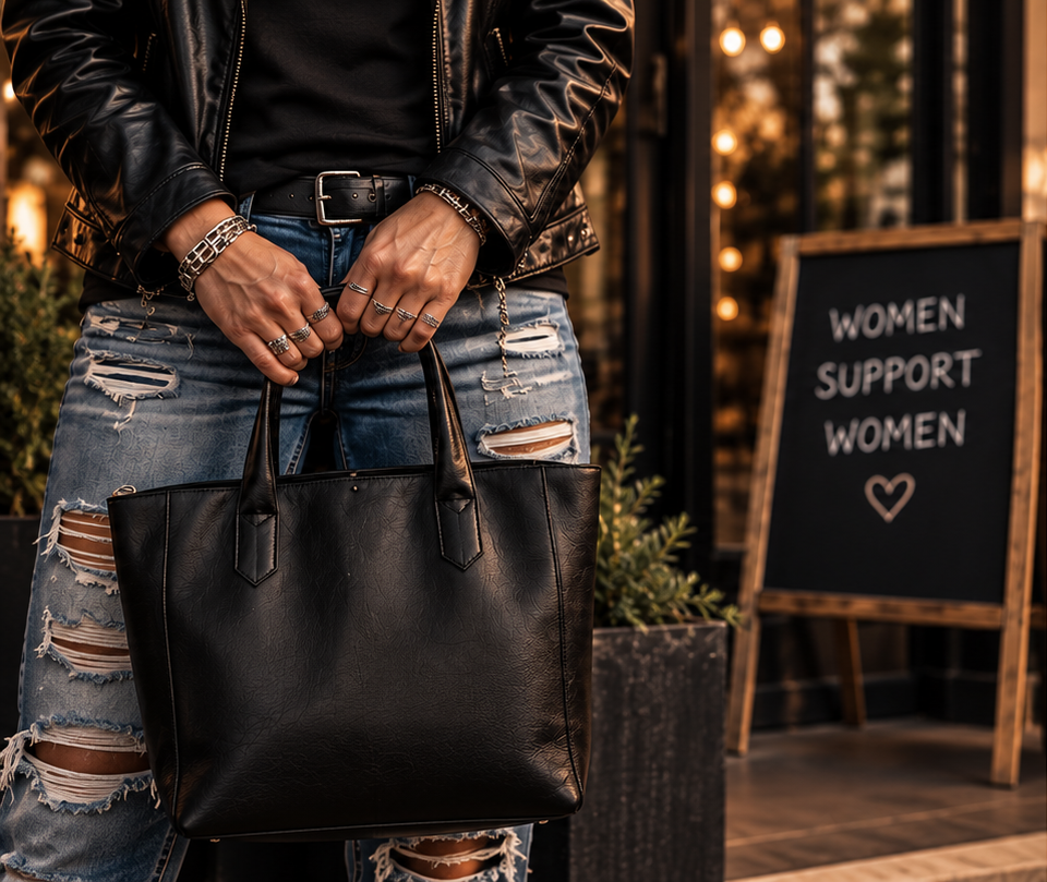 A woman holding a leather tote bag beside a 'Women Support Women' sign
