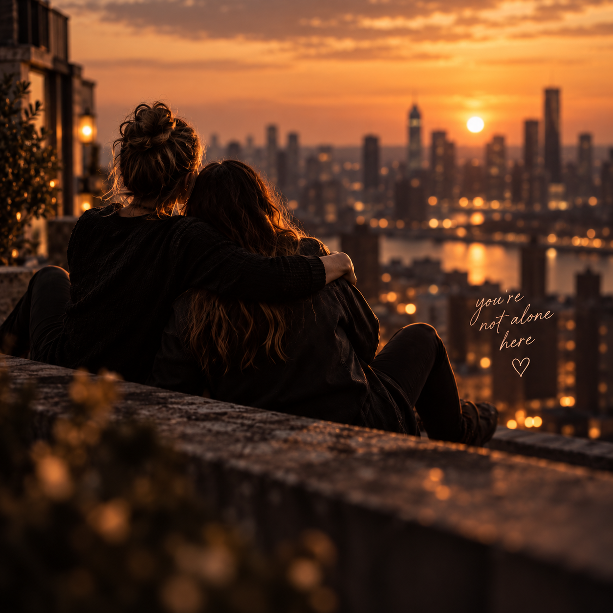 Two women leaning together on a rocky outcrop, watching the sunset