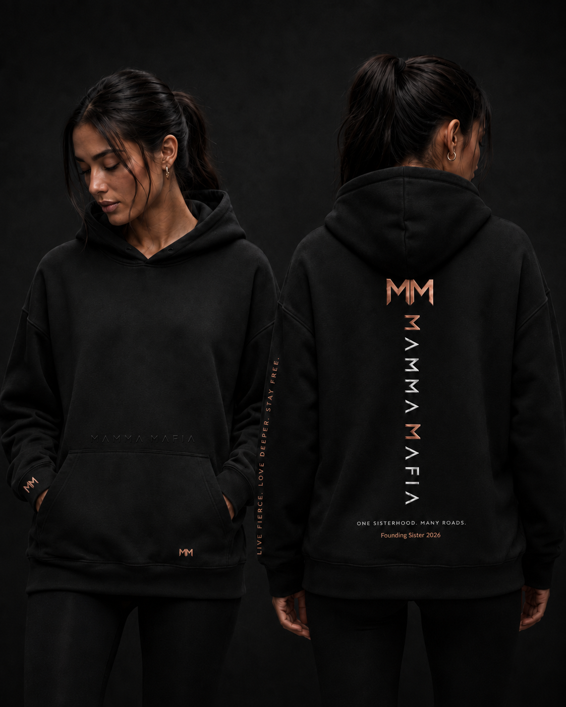 Mamma Mafia Founding Sister 2026 hoodie — front and back