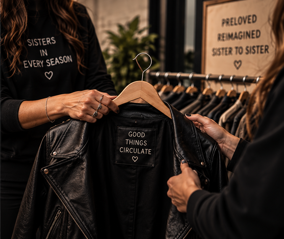 Two sisters exchanging a jacket on a hanger
