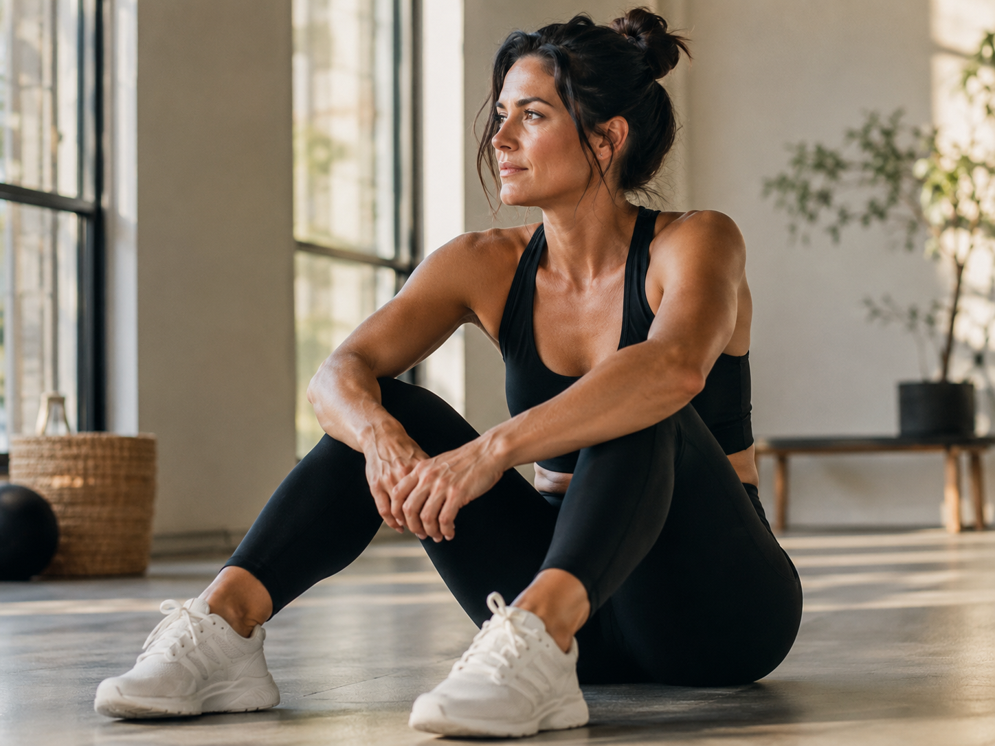 A woman in athletic wear sitting in a sunlit studio