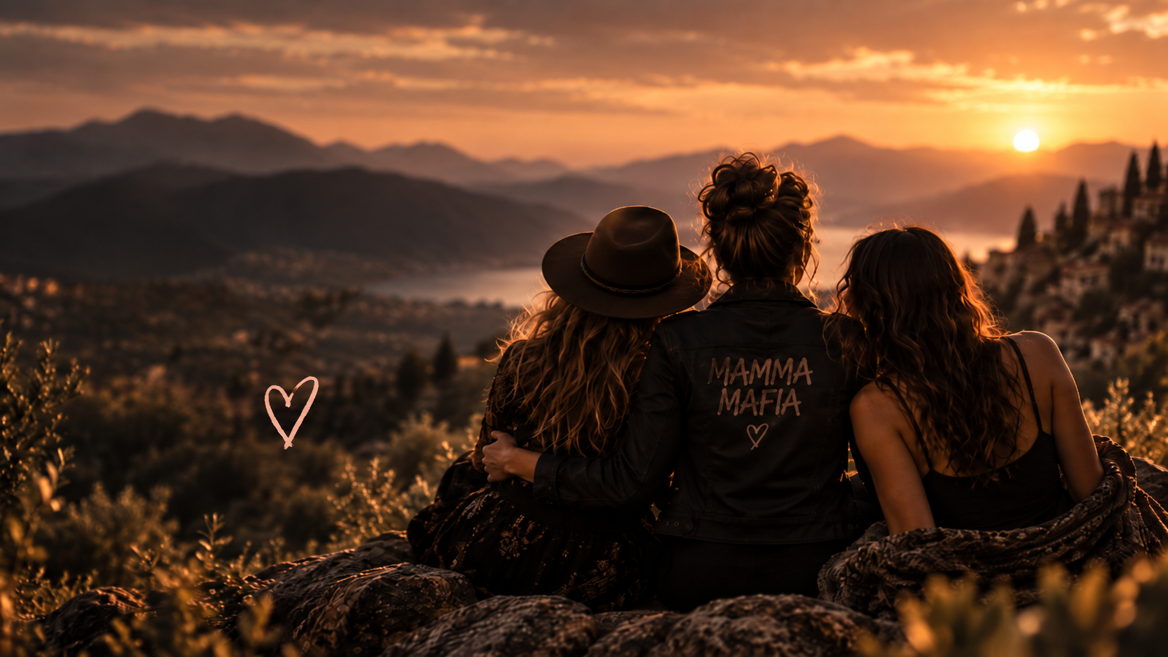 Three women sitting together on a rocky hill at sunset